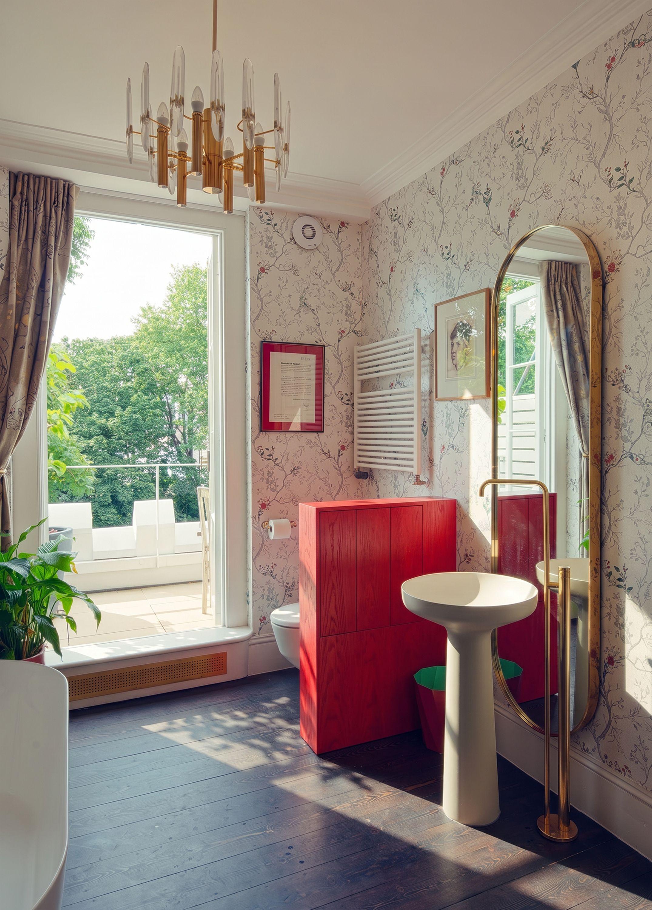 Bathroom at Puzzle Box, London, a brass chandelier over a pedestal basin, arched mirror and painted red joinery set against botanical wallpaper.