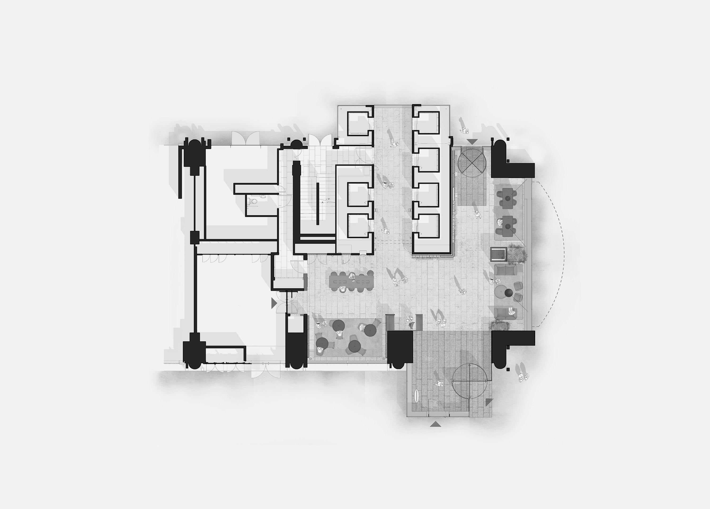 Floor plan of Coppice Workplace showing meeting rooms, open work areas and a rounded planted volume at the perimeter.