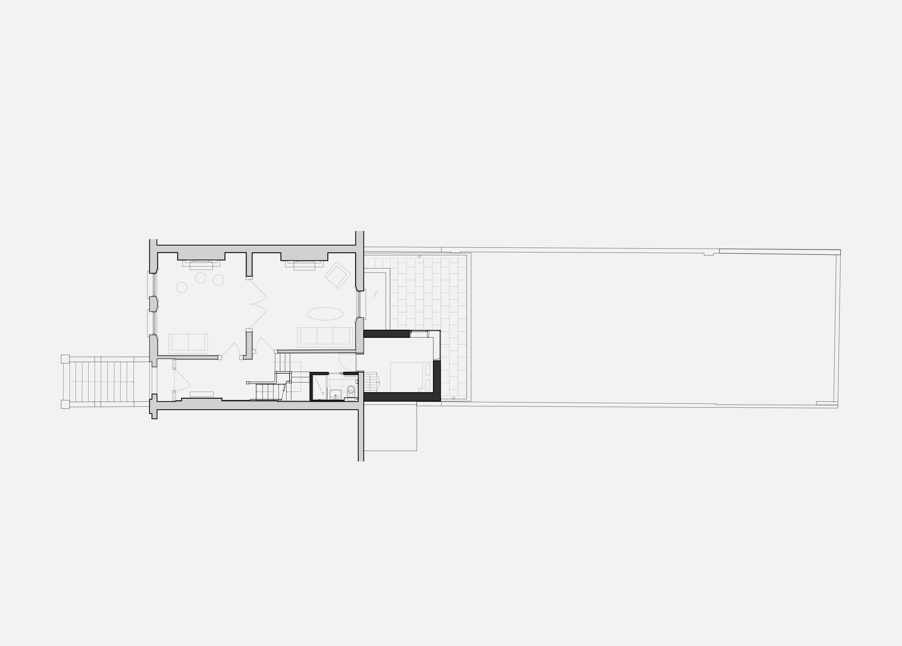 Upper ground floor plan of Half Landings House, front reception rooms and stair with a new bedroom over the extension reaching into the garden.