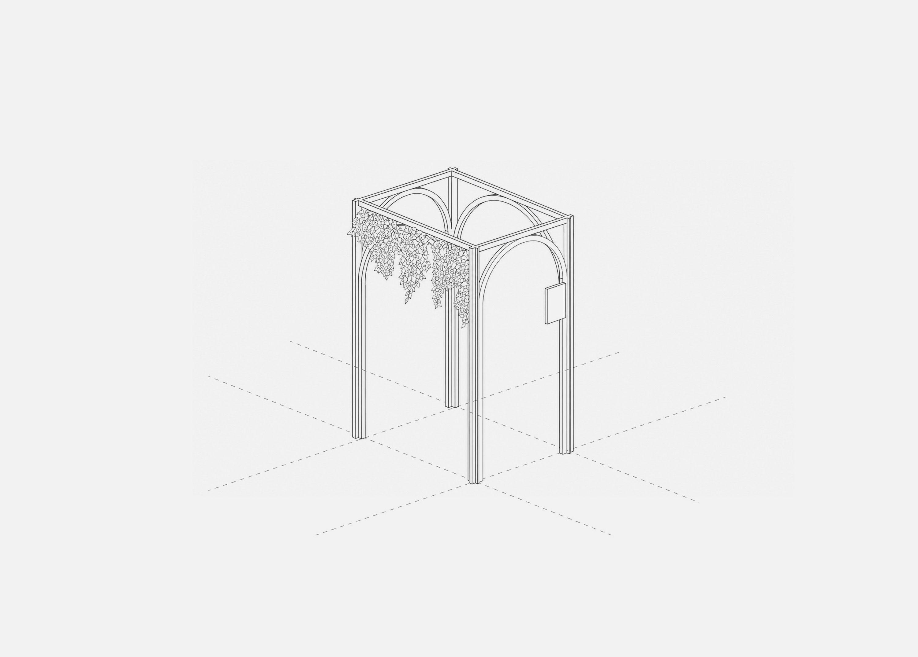 Axonometric drawing of a single arcade module for Ealing Broadway, four columns rising to arched laminated oak beams with planting trailing over one edge