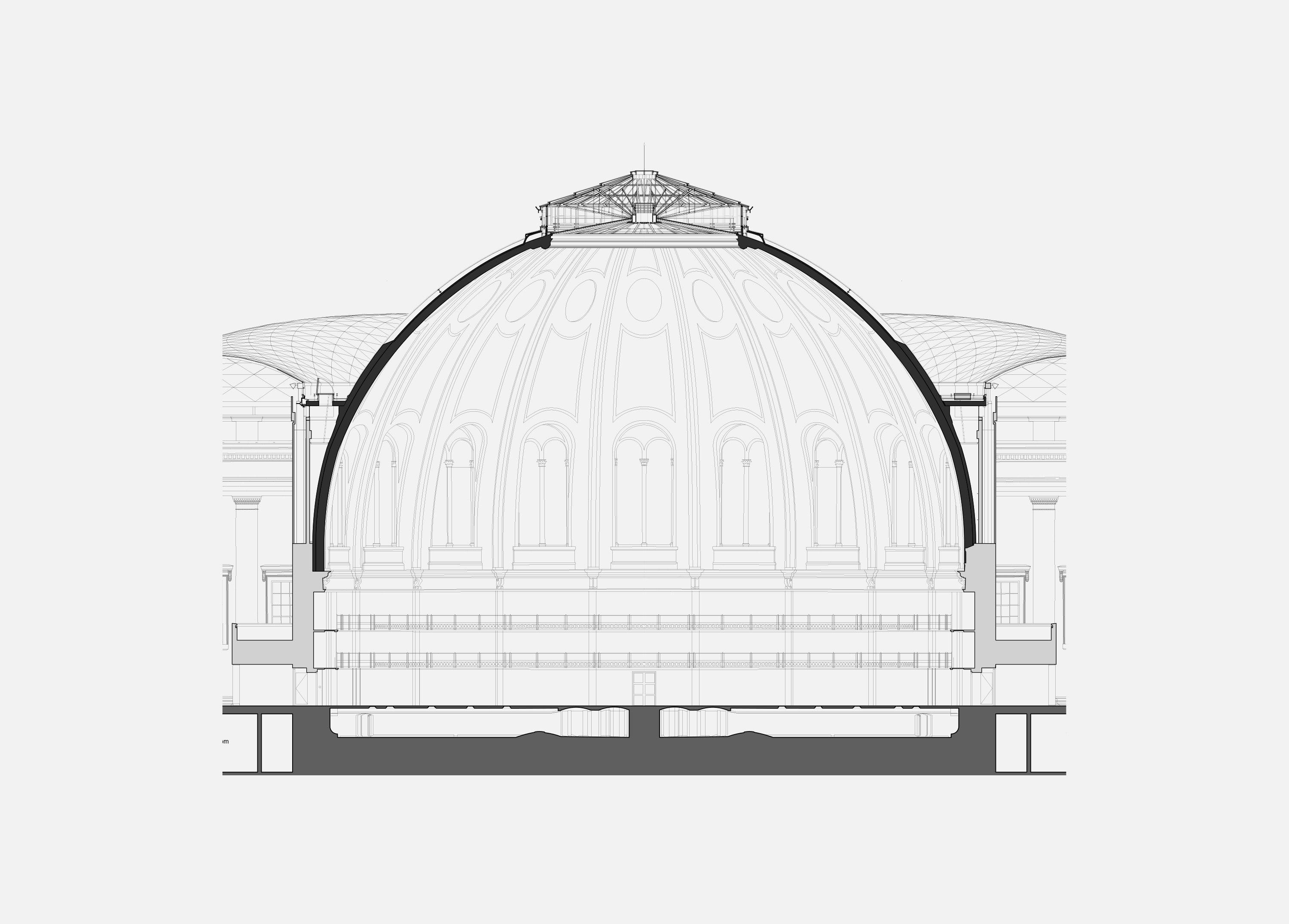 Cross section of the reading room, showing the dome, lantern and lower roof over the tiered interior, with the brick air tunnels shown below floor level.