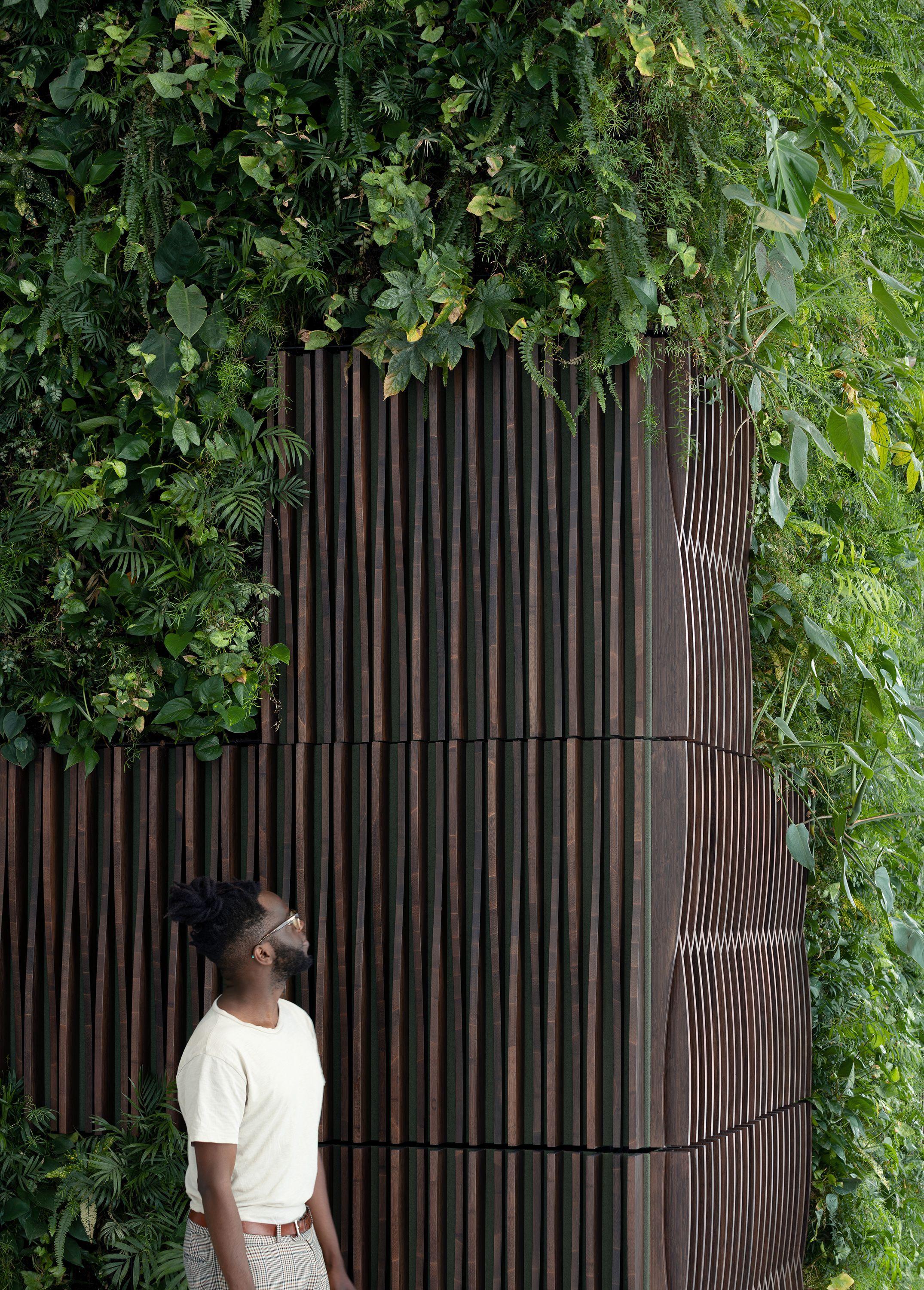 Vertical dark timber cladding enclosing a rounded volume at Coppice Workplace, surrounded by climbing foliage.