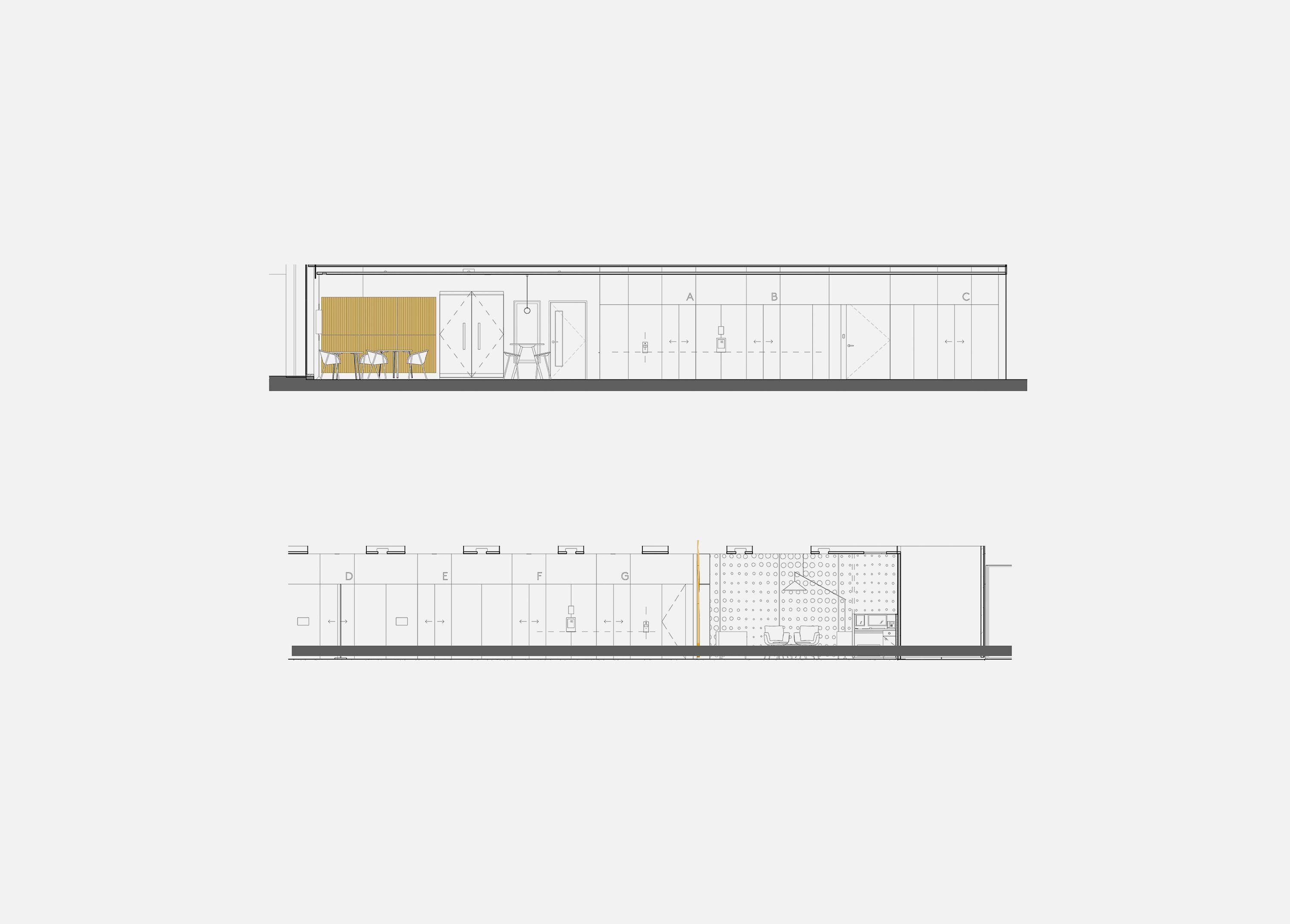Two long section drawings of Coppice Workplace, upper section showing a seating area picked out in ochre, lower section detailing the full arrangement of rooms along the floor