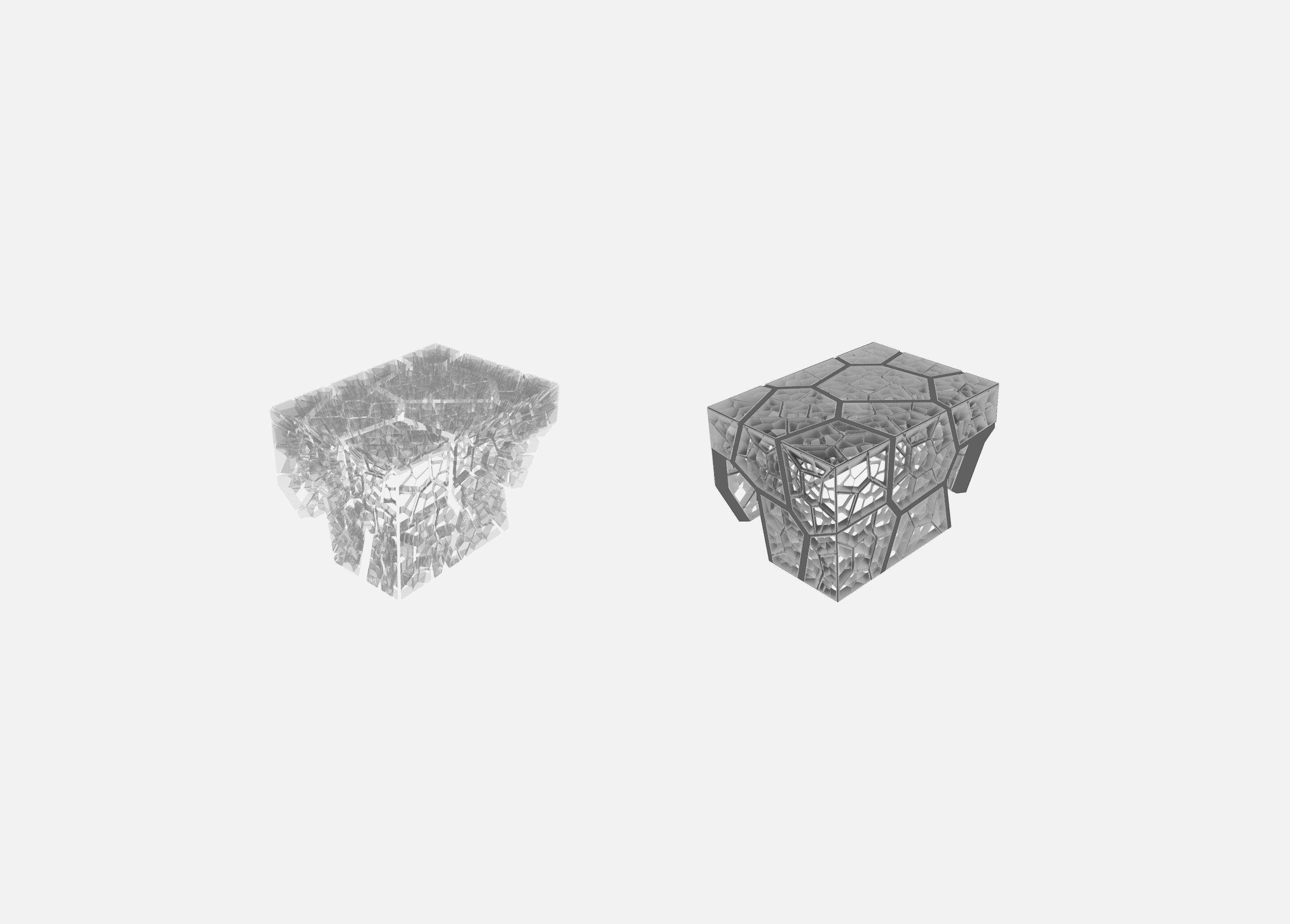 : Digital models of the pavilion viewed from above, setting the fine grain of the infill cells against the heavier lines of the structural capillary frame.