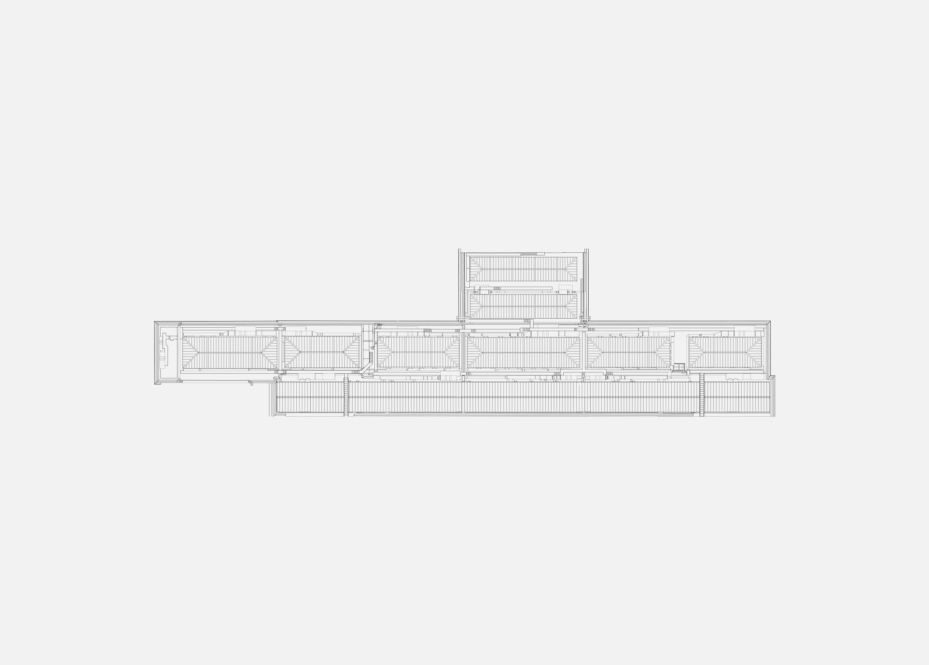 Roof plan of the British Museum North Egypt Galleries, twelve pitched rooflights arranged in a row above the galleries below.