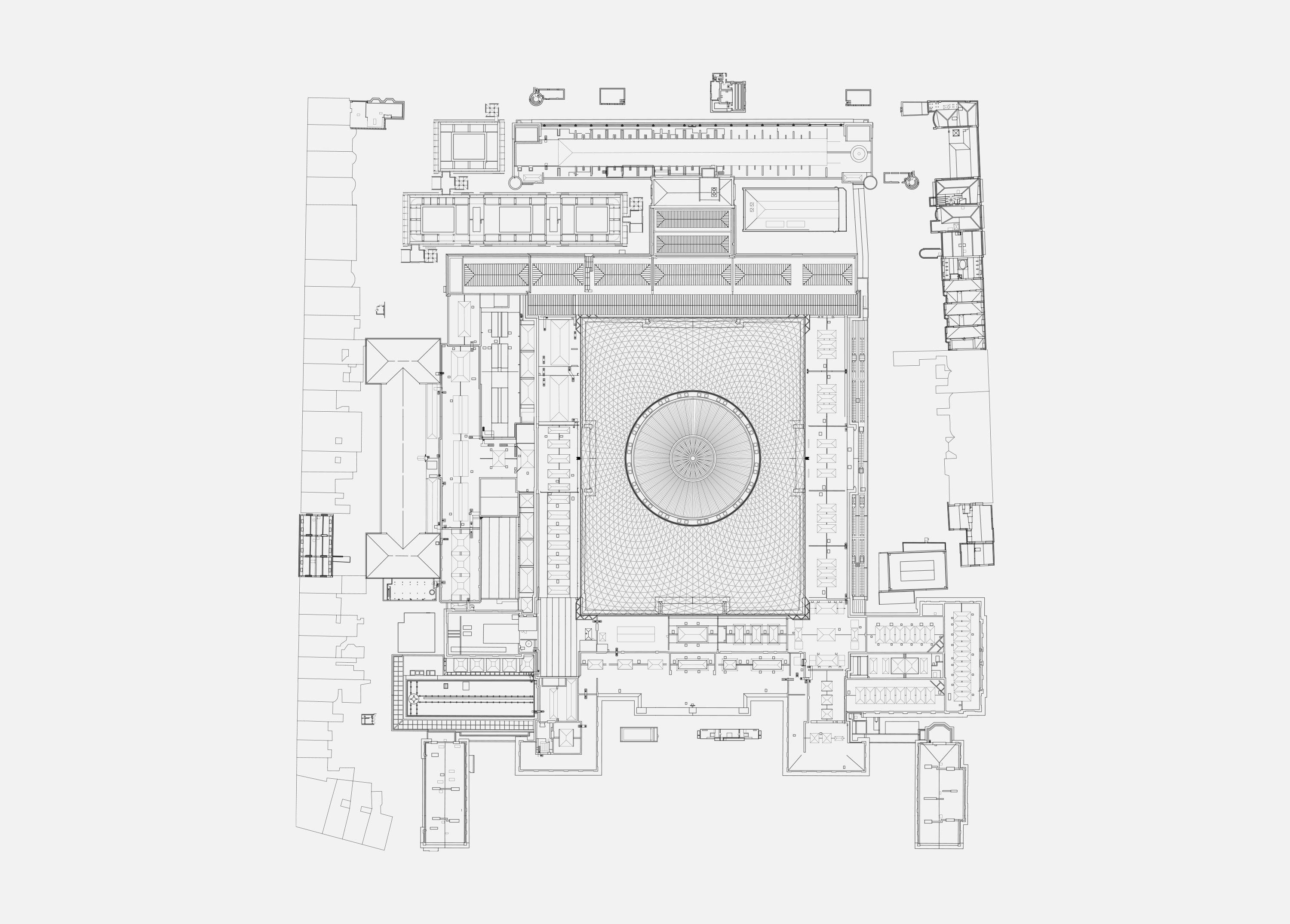 Roof plan of the British Museum showing the Great Court and Round Reading Room at its centre with the North Wing galleries running along the top of the plan.