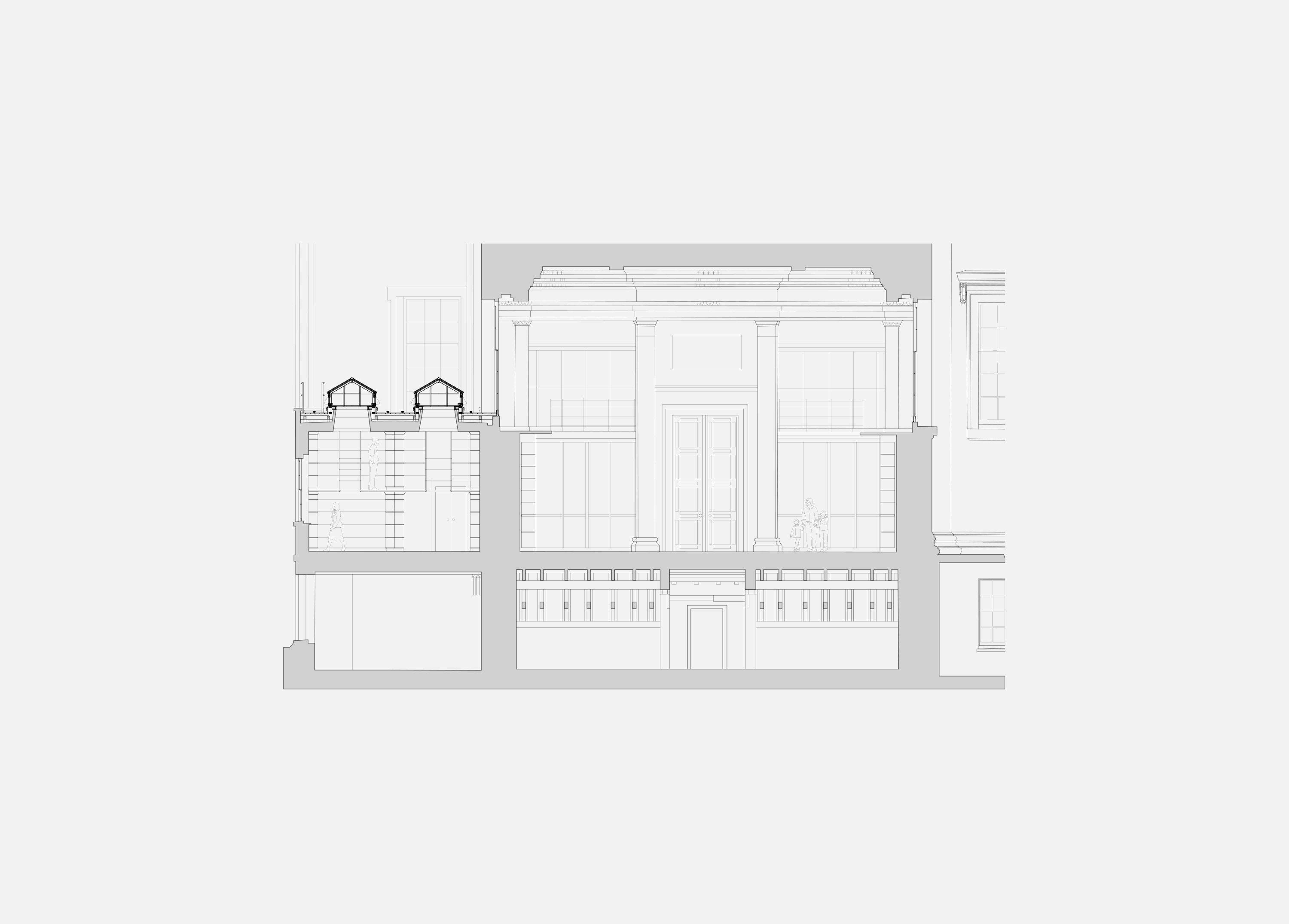 Section through the Sanskrit Library, showing the lanterns and roof structure above the shelved room, with the King's Gallery windows and gallery below.
