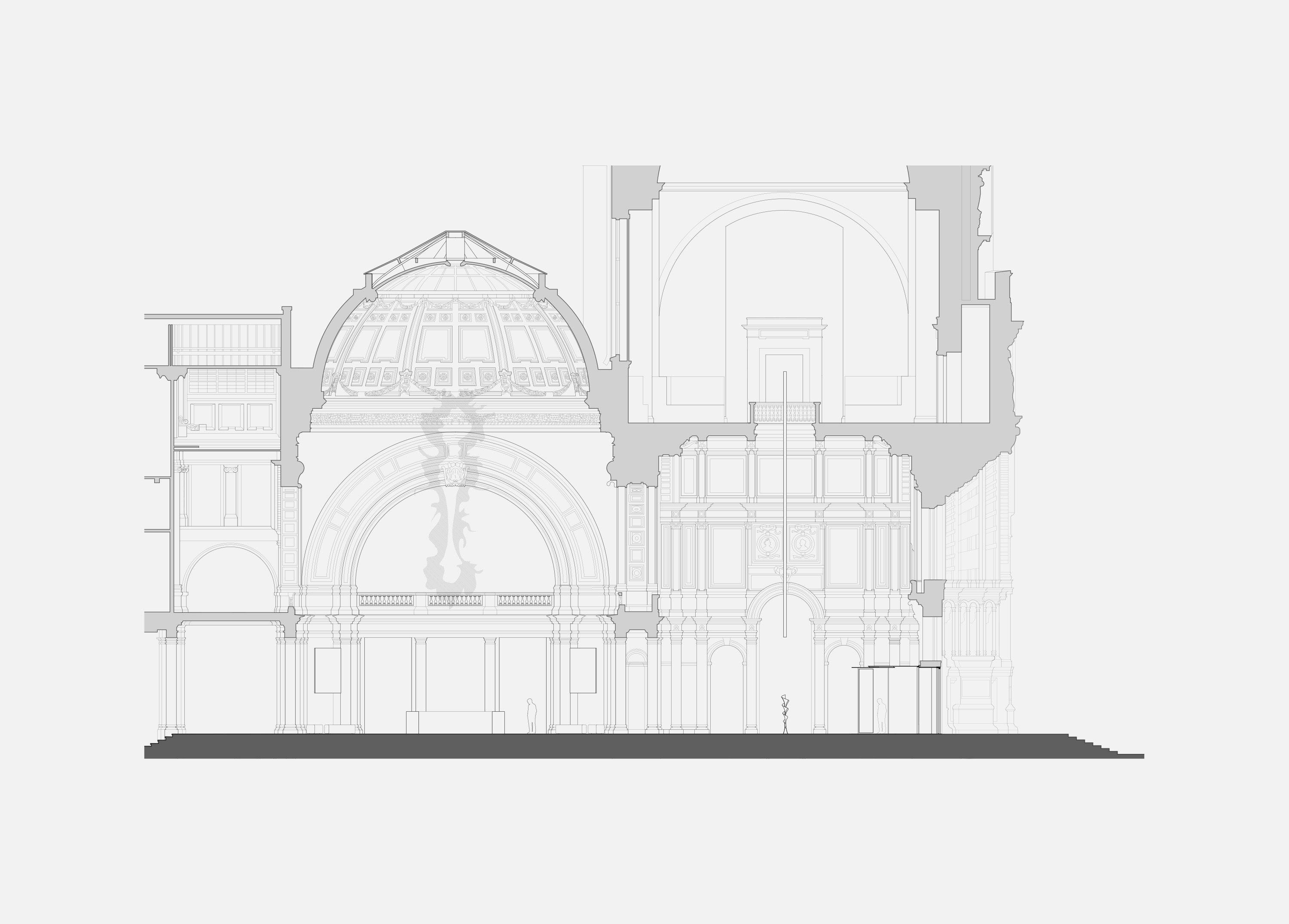 Long section through the proposed V&A entrance, London, cutting from the arched entrance hall to the coffered central dome, showing the sequence from doors to orientation point within Aston Webb's grand interior.