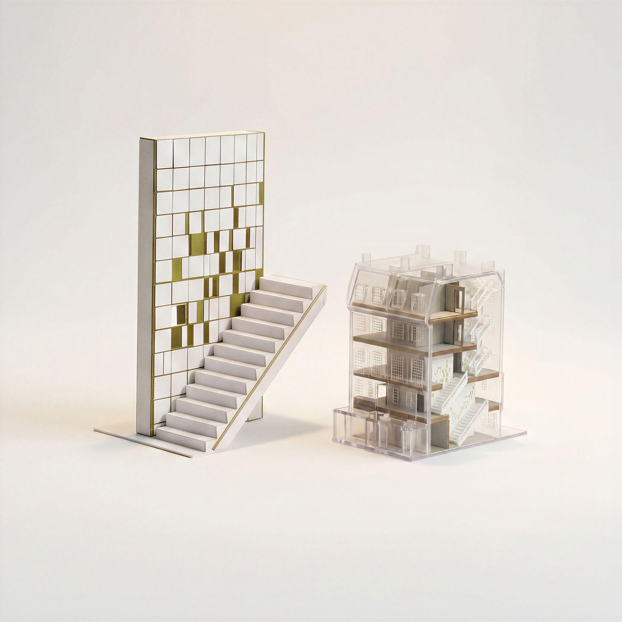 Study models for the Mantelpiece proposal at the Delfina Foundation, one showing the wall of bronze niches alongside the stair, the other a sectional model of the five-storey terrace house.
