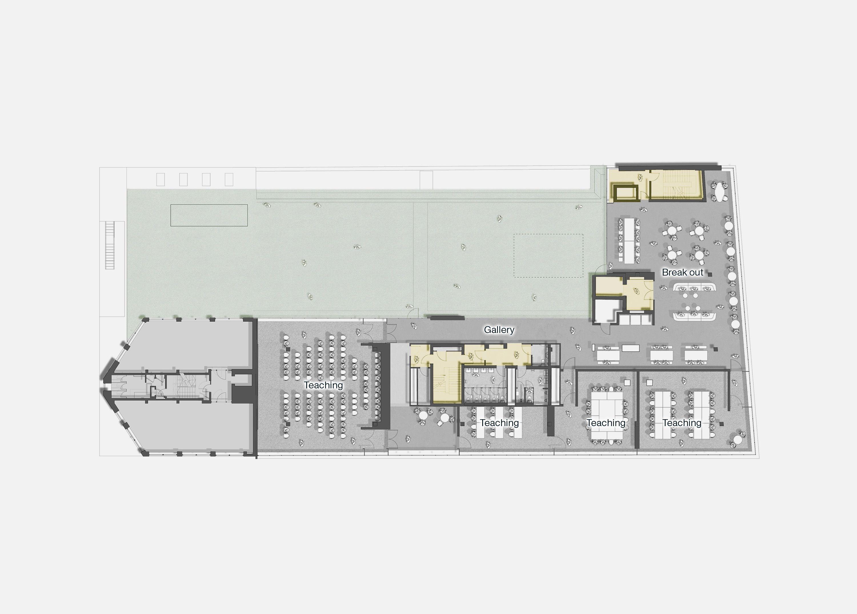 First floor plan of the Edward Street building, Brighton, teaching rooms and breakout space arranged around a central gallery with a rooftop terrace above the extension below.