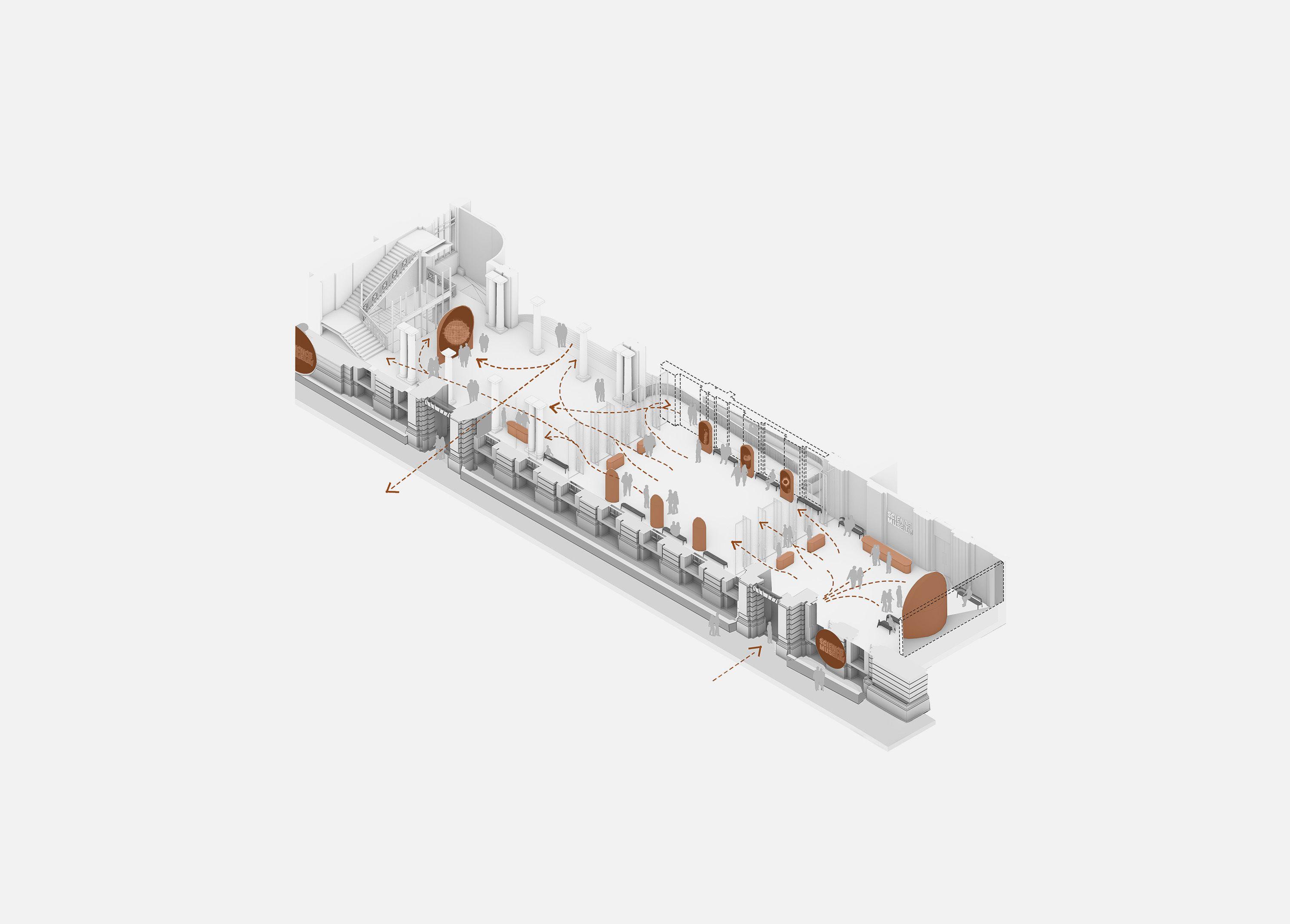 axonometric drawing of the Science Museum's East Gallery in weekday use, dashed arrows tracing quieter, more dispersed visitor routes through the hall past its oak display niches.