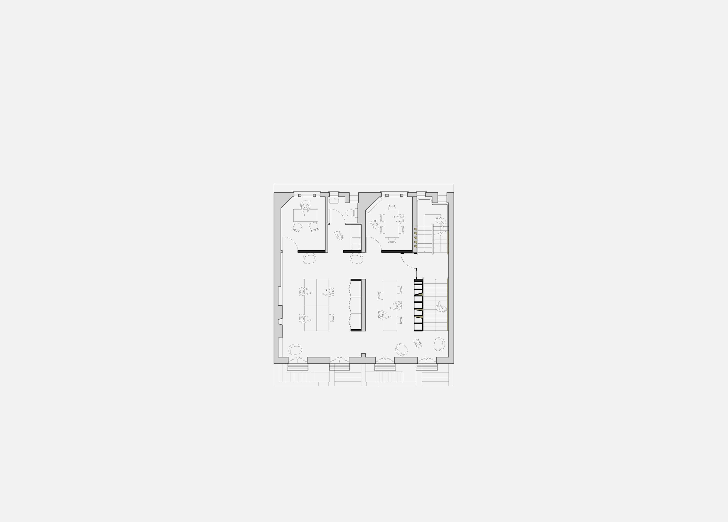 First floor plan of the Delfina Foundation,office and meeting spaces, with the stair and wall of niches running between them.