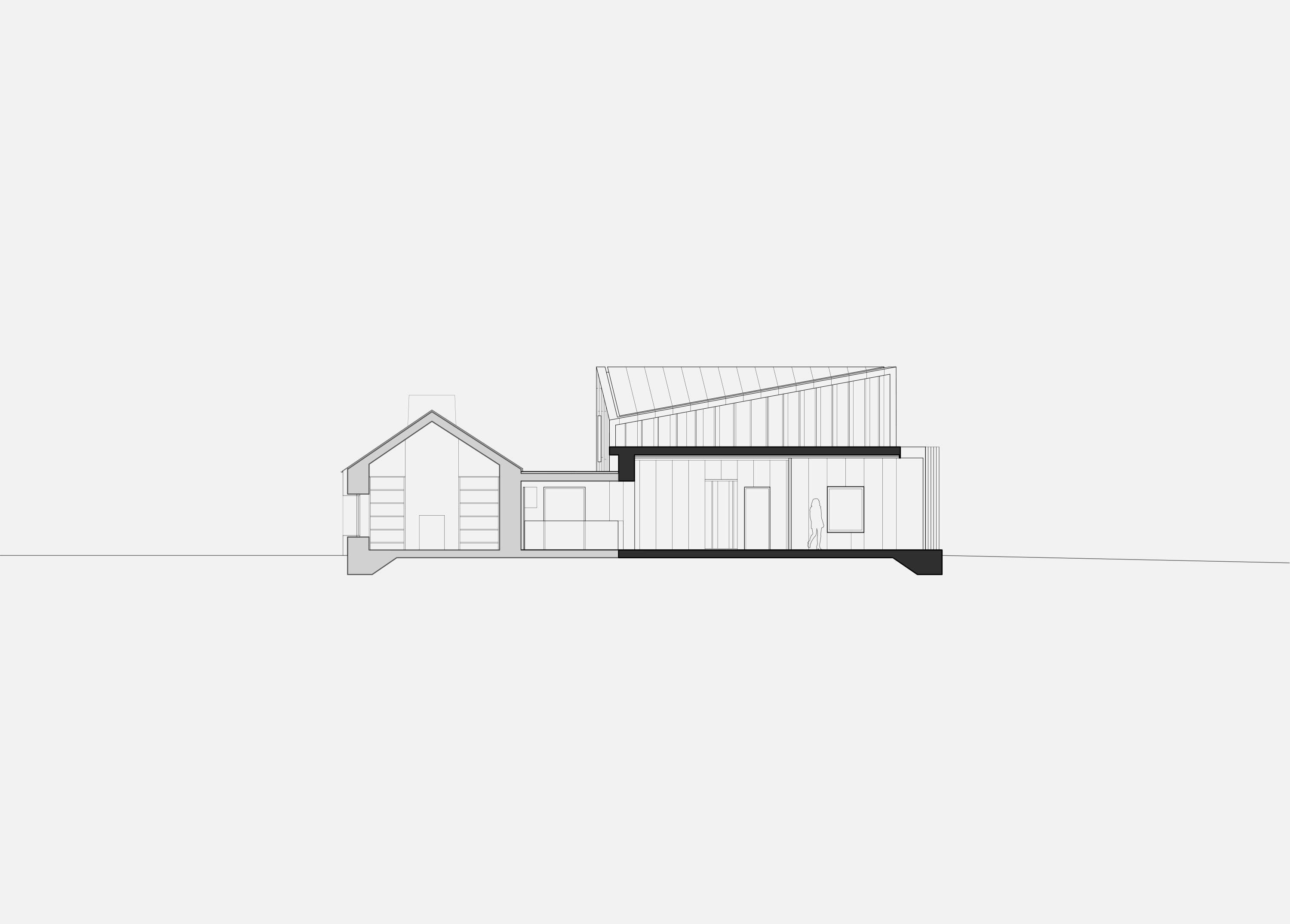 Long section through Keeping House at Liscannor, showing the retained cottage in grey, the link between, and the new bedroom volume with its ridge crossing the plan diagonally.