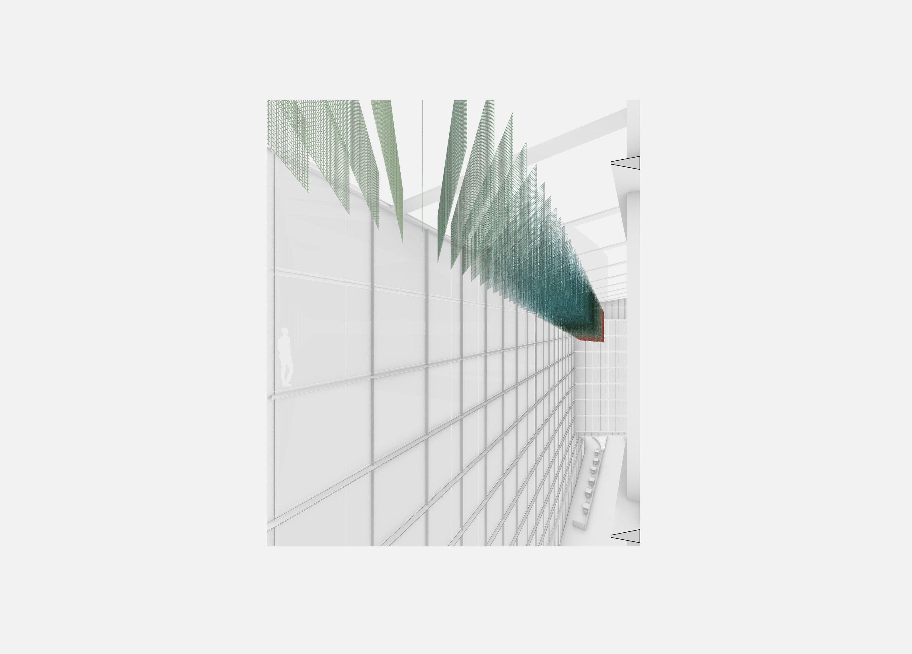 Study view of one of the proposed installations at Cardinal Place, layers of green and orange mesh suspended between the glazed walls and running the length of the space towards the stair beyond.