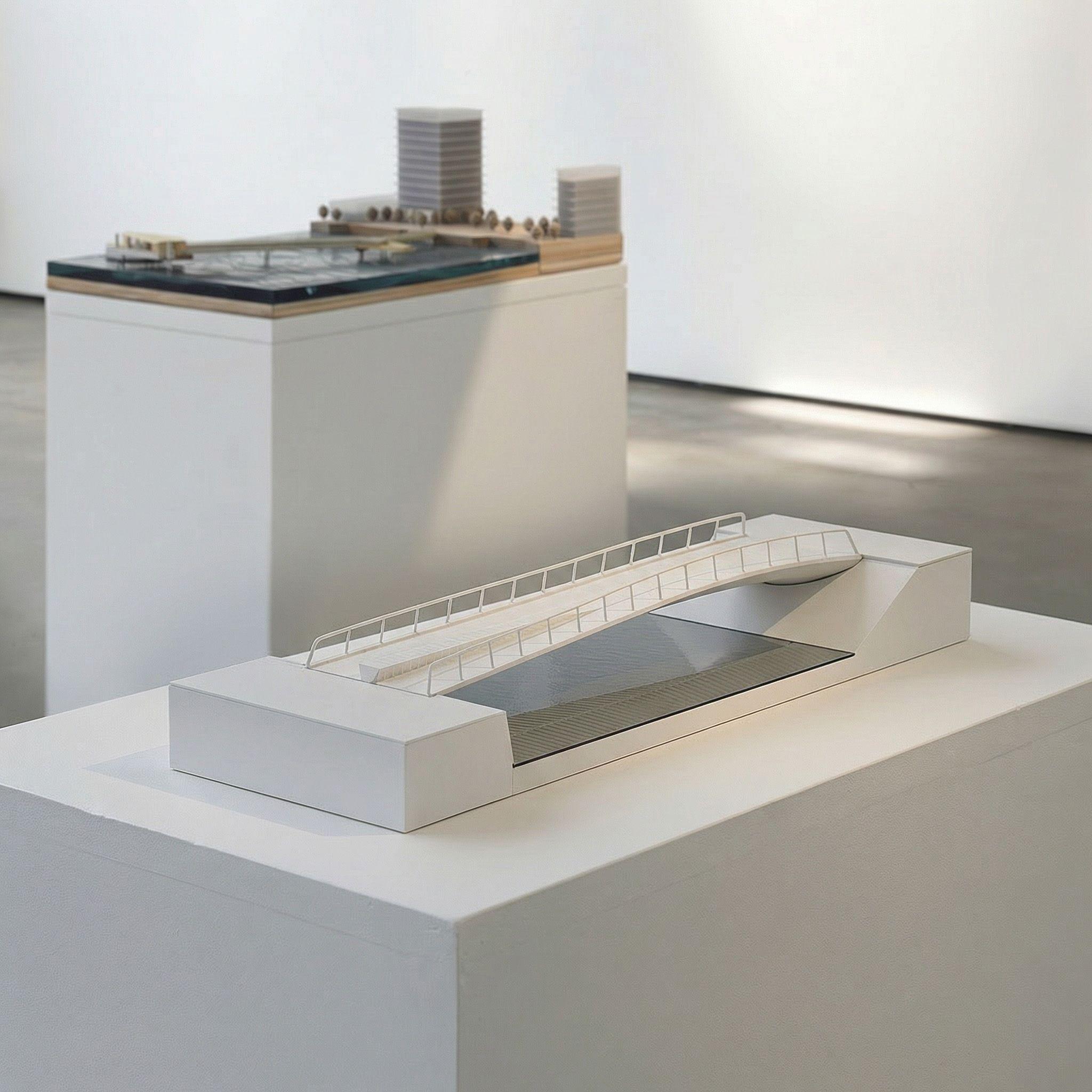 Architectural model of Dodder footbridge dublin, with a site model of Royal Wharf pier on the Thames behind