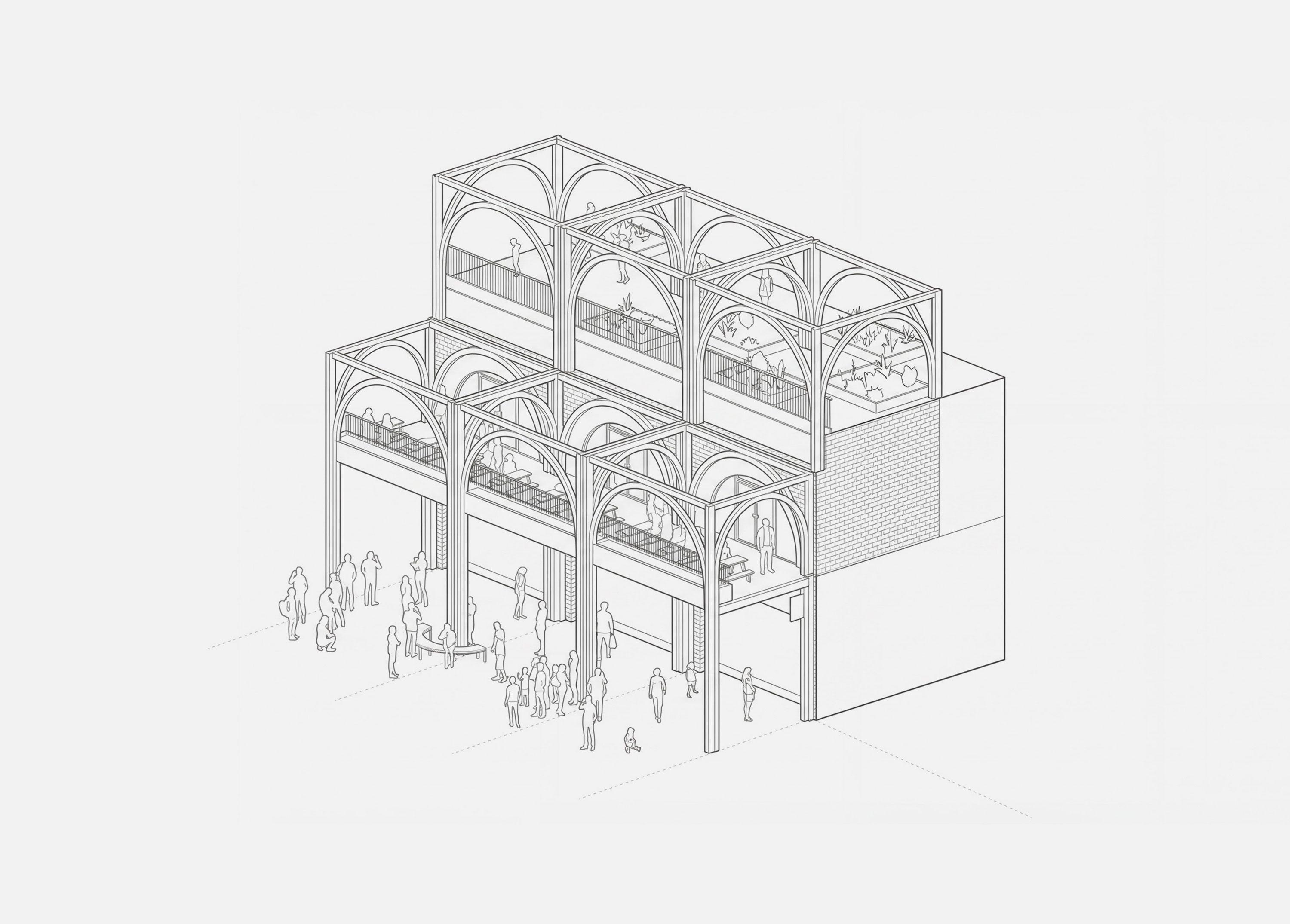Axonometric drawing of the Ealing Broadway arcade, arched timber modules stacked over three levels with people gathered at ground floor