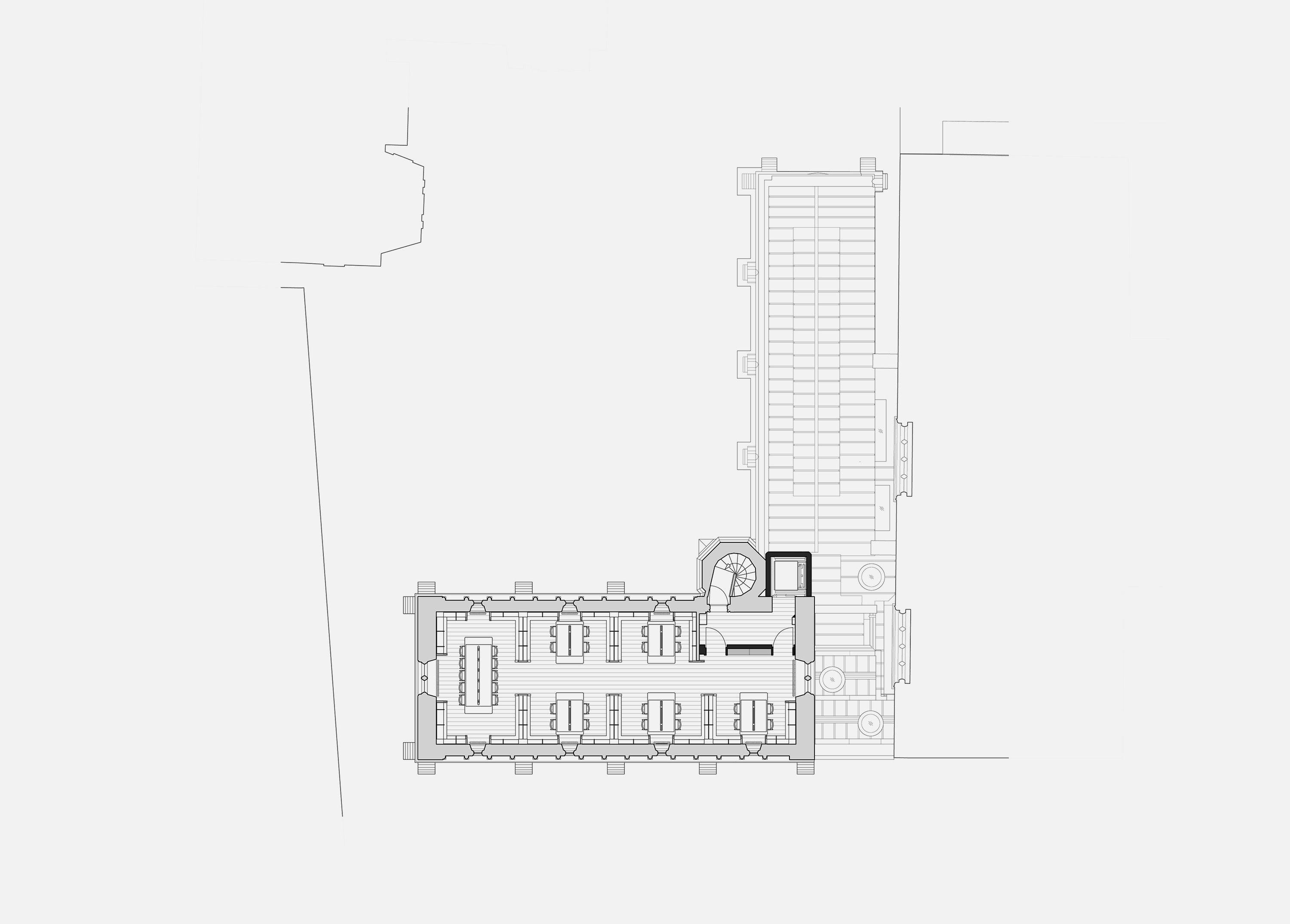 First floor plan of Exeter College Library, Oxford, showing the upper level of the main range and the annex roof, with the new Link block stair and lift between them.