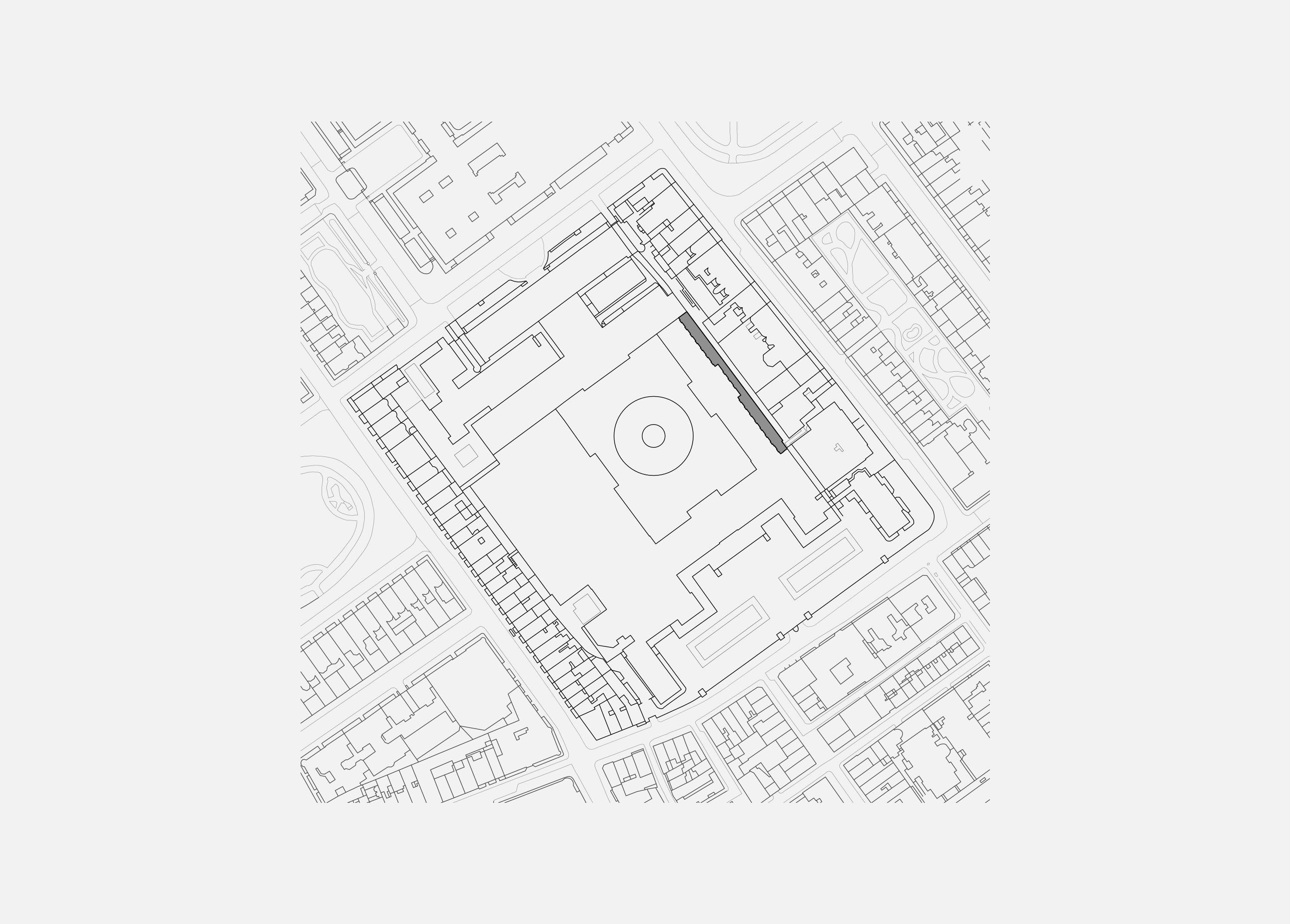 Roof plan locating the Sanskrit Library to the east of the Great Court within the British Museum and its surrounding streets.