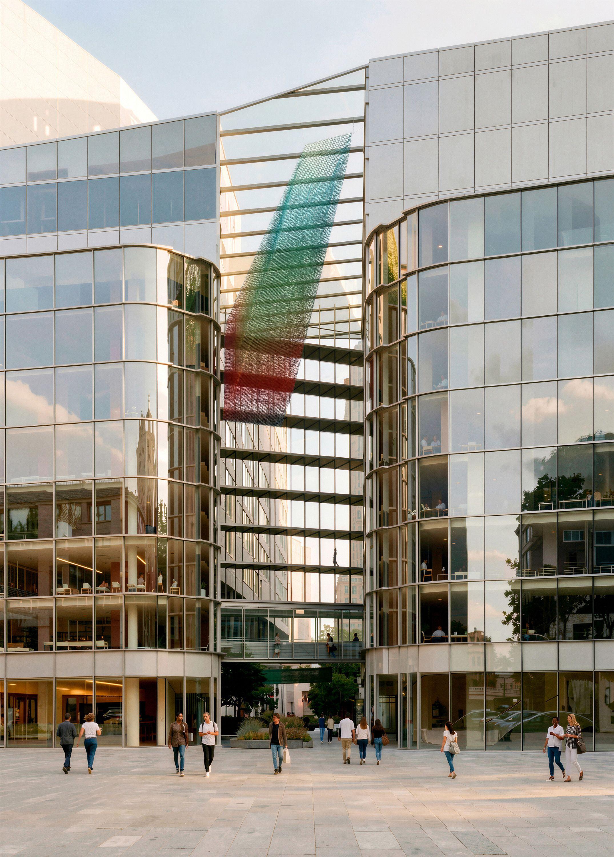 Proposed installation seen from the street at Cardinal Place, coloured mesh suspended within the recess between the buildings and marking the entrance from a distance.