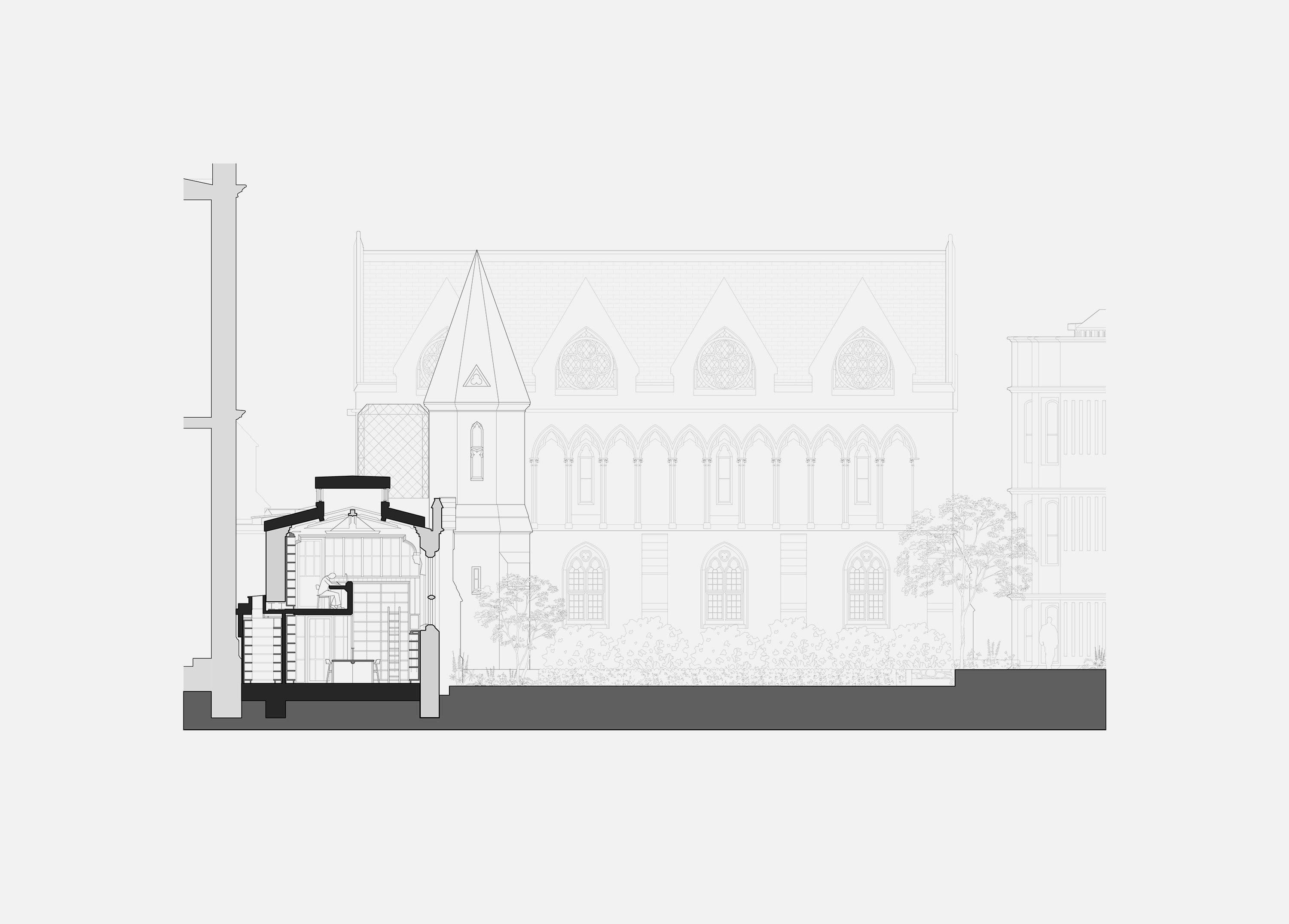 Section drawing cutting through the annex at Exeter College Library, Oxford, the stair and lift set between the library and Convocation House, the main range and chapel spire behind.