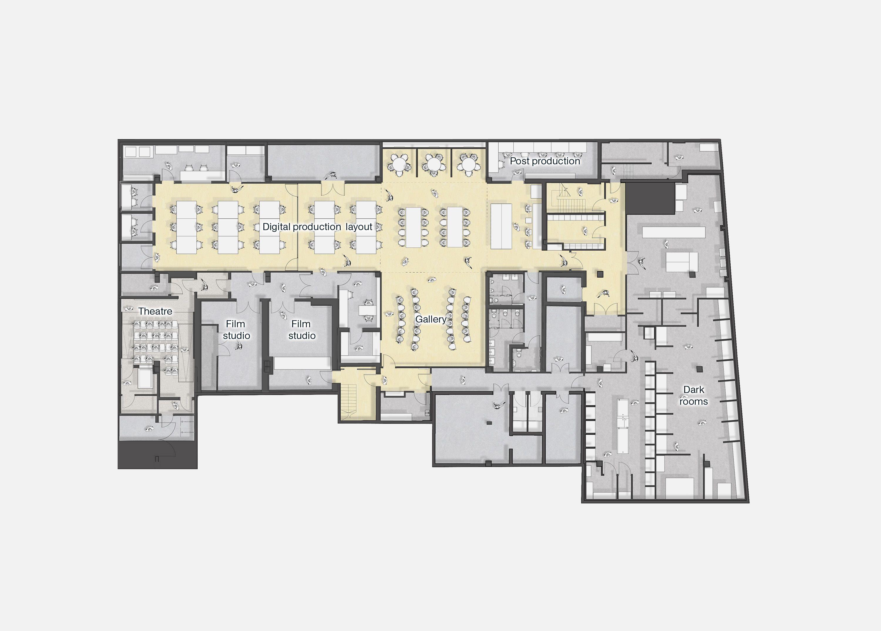 Plan of the production basement at Edward Street, Brighton, the yellow-floored digital production and layout areas set beside film studios, dark rooms and post-production suites.