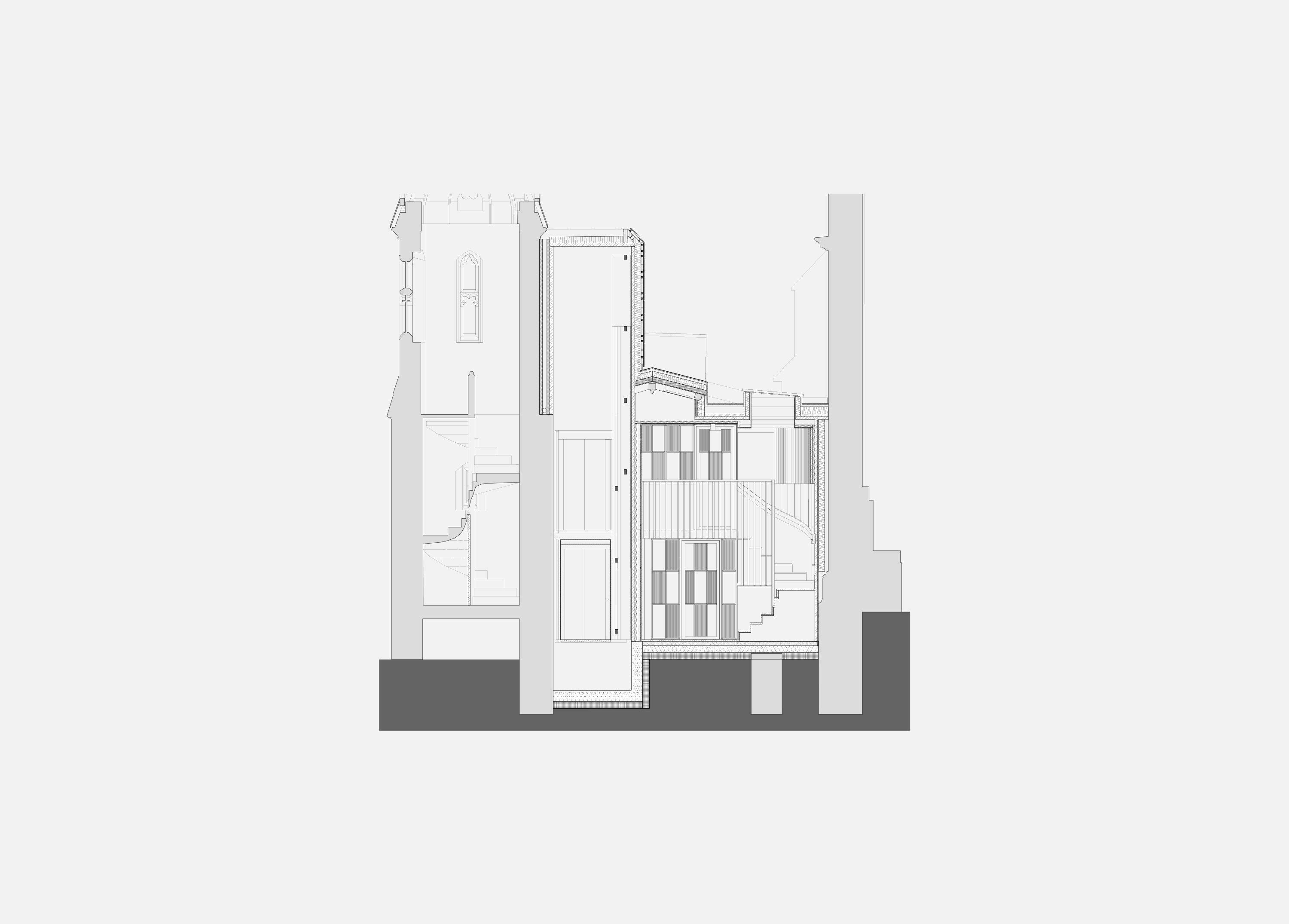 Detail section through the Link block at Exeter College Library, Oxford, showing the new lift shaft and winding stair set tightly between the library and the stair turret, with the circular rooflight above.