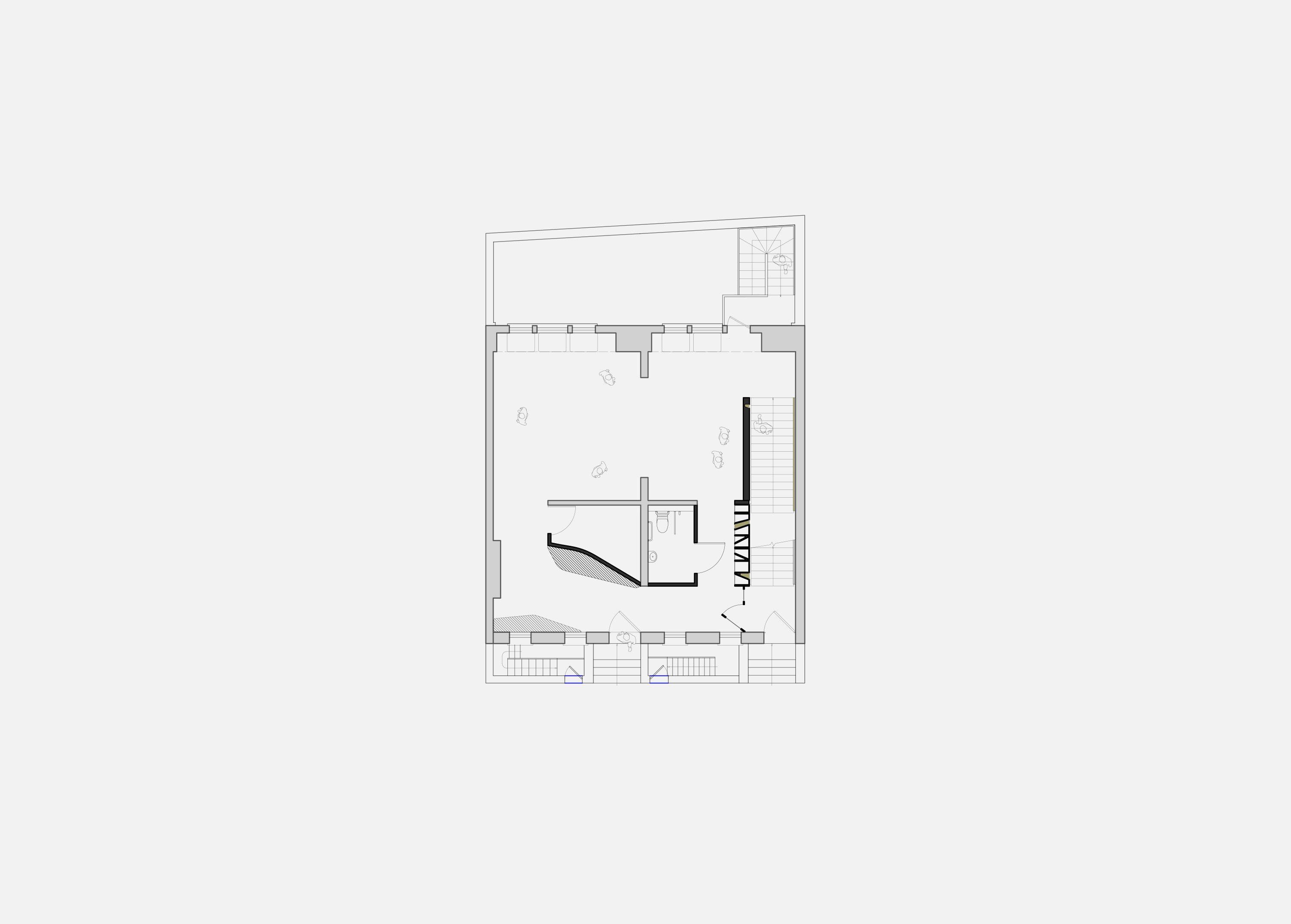 Ground floor plan of the Delfina Foundation, the new wall enclosing the stair drawn in bold to one side of the plan, with the reception and gallery spaces of the two terrace houses alongside.