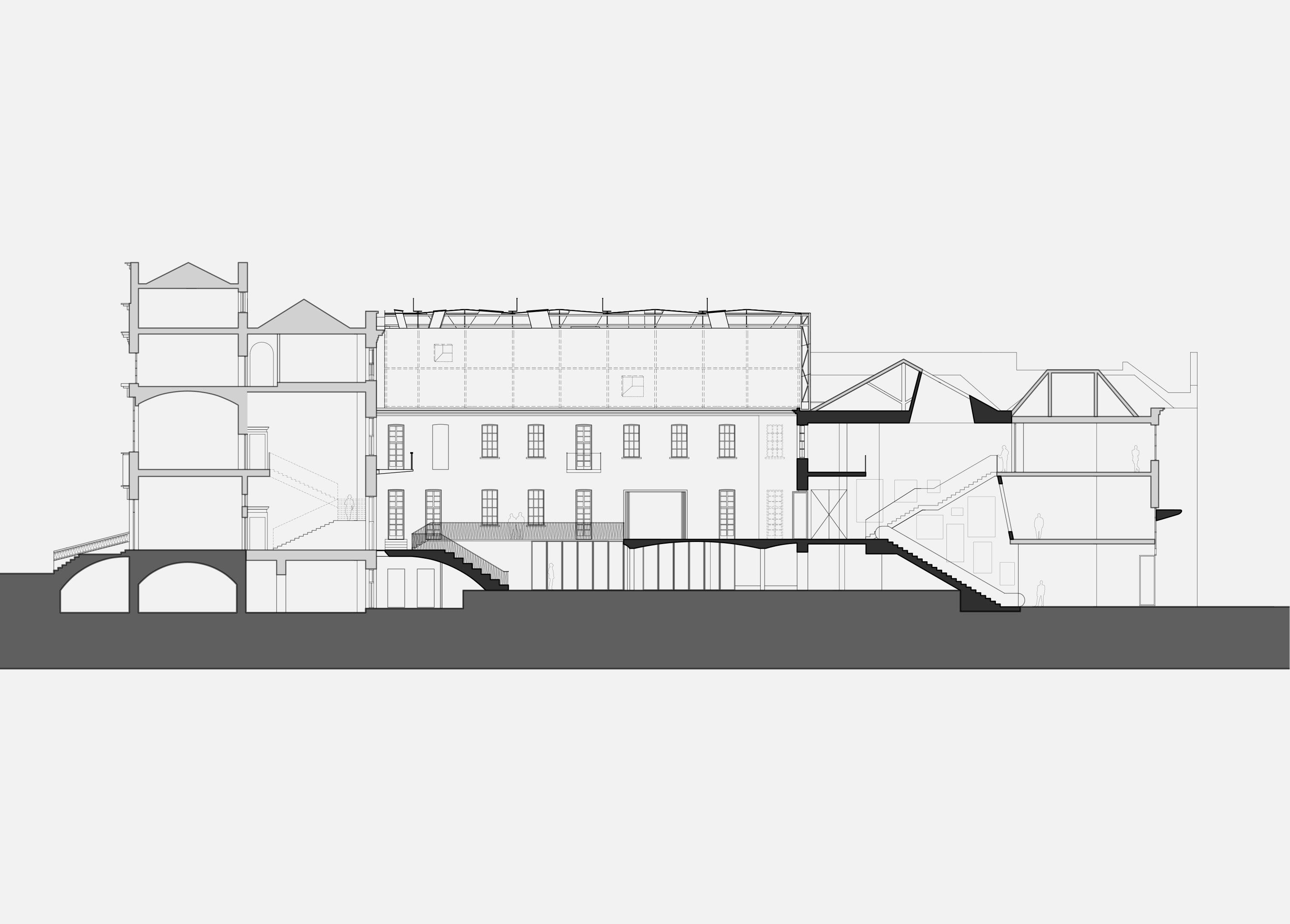 Long section through Powerscourt Townhouse, Dublin, showing the new lightweight roof spanning the courtyard and the stairs connecting the lower level to the piano nobile